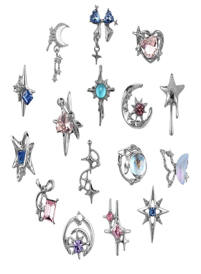 Dimeho 16 Pcs Moon Star Crystal Nail Art Charms 3D Nail Charms for Acrylic Nails Luxury Alloy Rhinestone Nail Decoration Shiny Butterfly Nail Art Supplies Accessories for Women Manicure DIY Crafts - Image 1